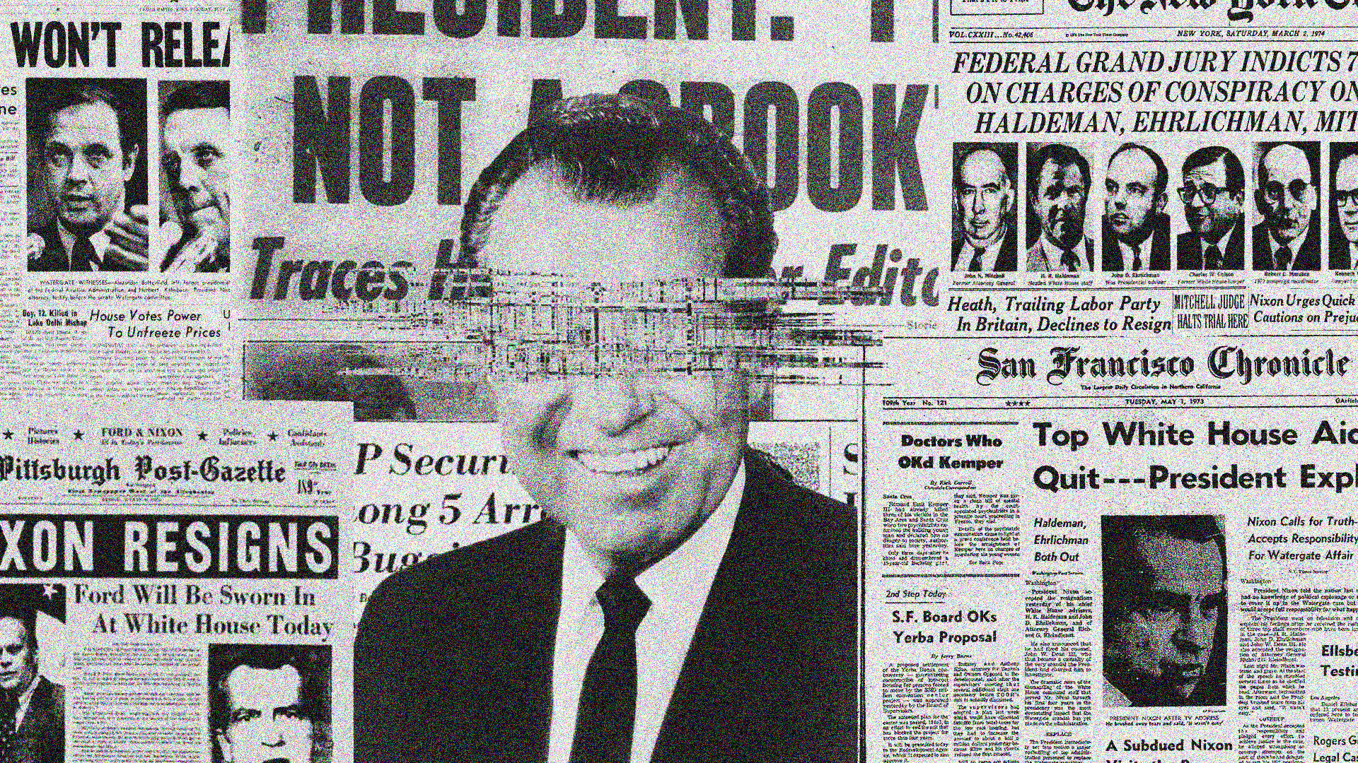 newspaper collage of bad Nixon headlines, all surrounding Nixon (photoshop)
