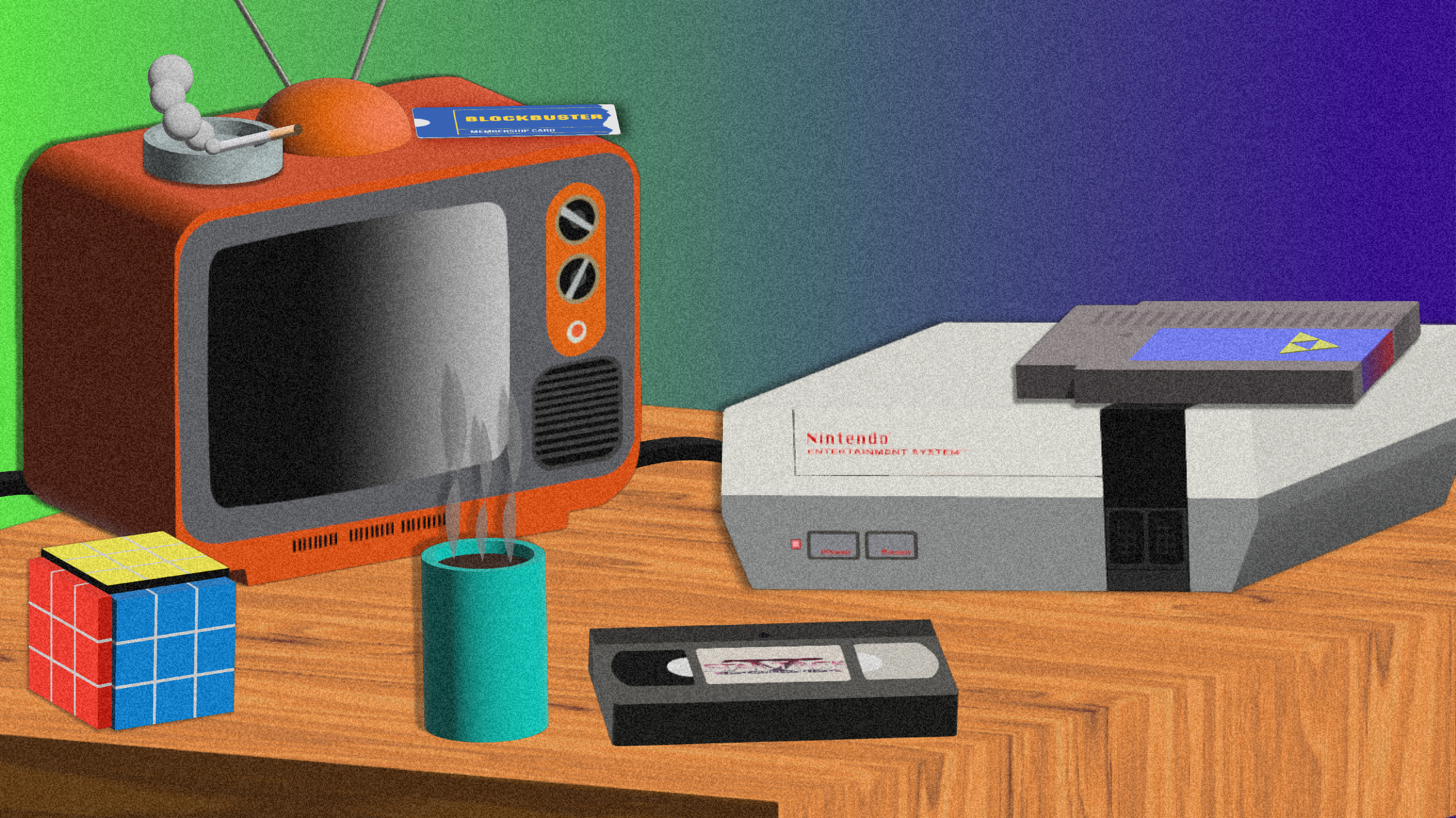 render project of 80s throwback scene with old school TV, VHS, etc.
